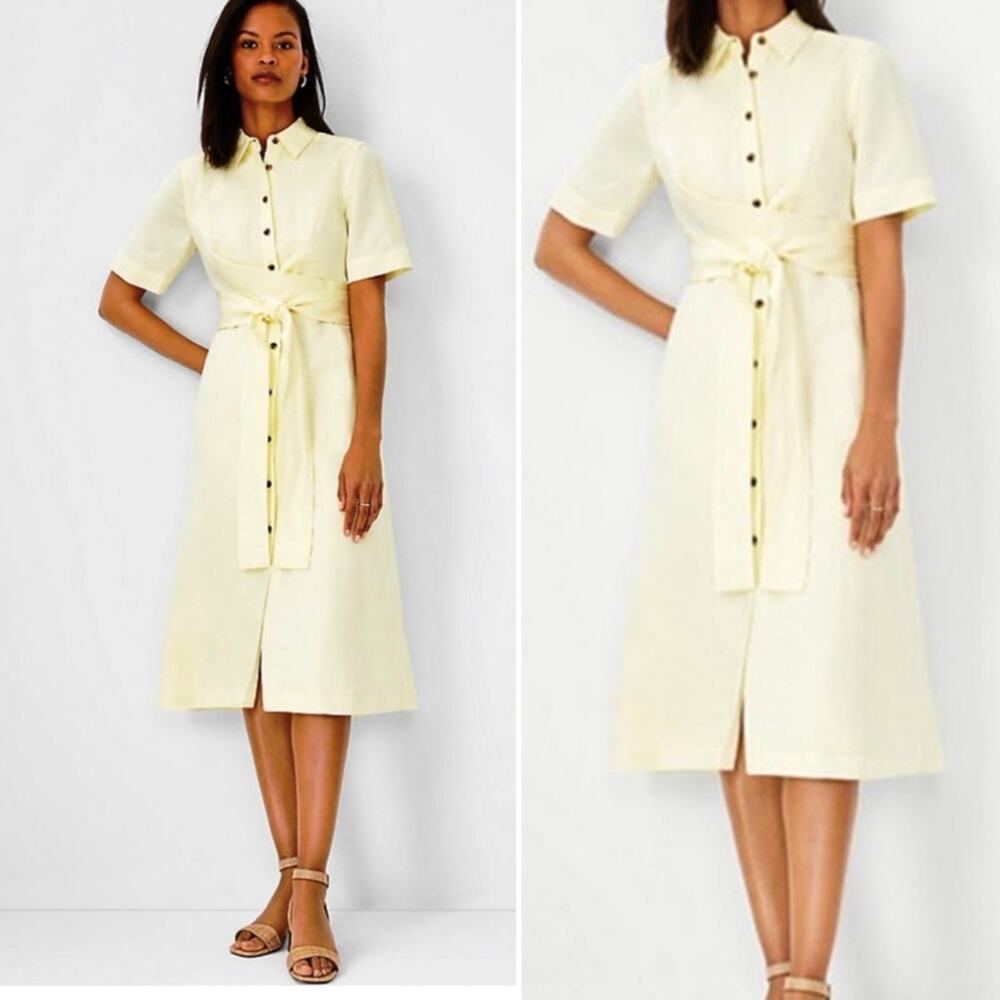 Ann Taylor Butter Yellow Linen Button Down Dress